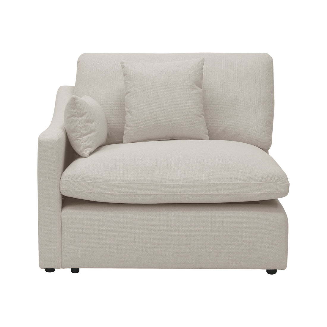 Millie 6-Seater Fabric Corner Chaise Sofa Light Beige with plush, high-density cushions, modular design, and sturdy frame, displayed on a couch, highlighting its comfort and spacious seating.