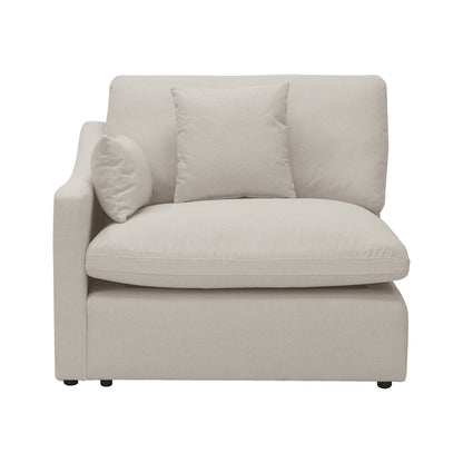 Millie 6-Seater Fabric Corner Chaise Sofa Light Beige with plush, high-density cushions, modular design, and sturdy frame, displayed on a couch, highlighting its comfort and spacious seating.