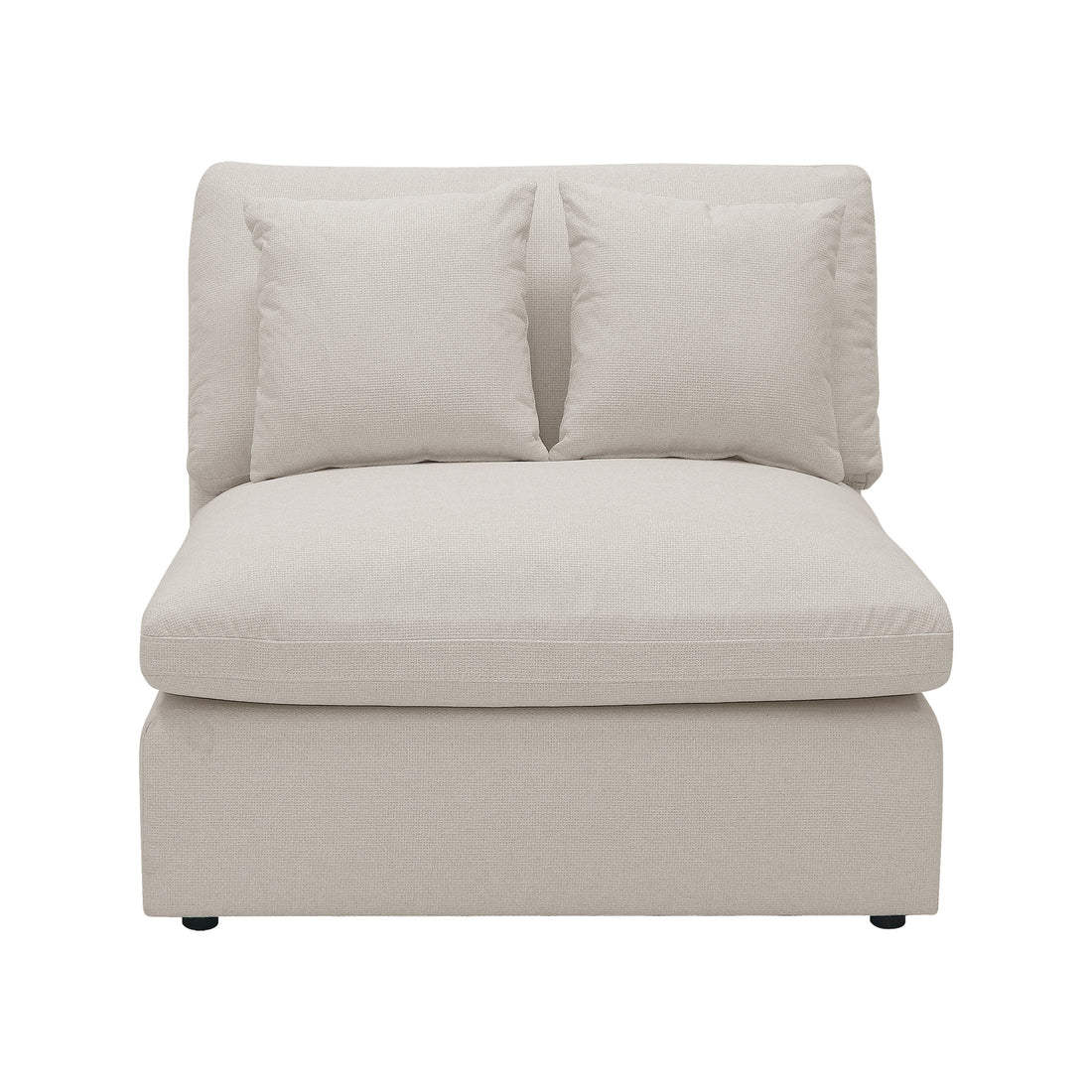 Millie 6-Seater Fabric Corner Chaise Sofa in light beige, featuring plush cushions and a modular design, displayed on a couch with a white pillow, highlighting its comfort and versatile setup.