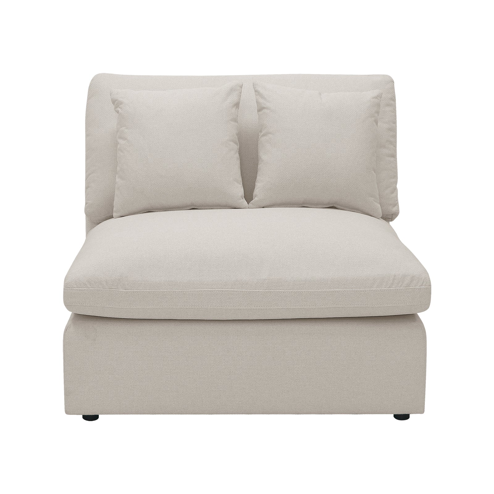 Millie 6-Seater Fabric Corner Chaise Sofa in light beige, featuring plush cushions and a modular design, displayed on a couch with a white pillow, highlighting its comfort and versatile setup.
