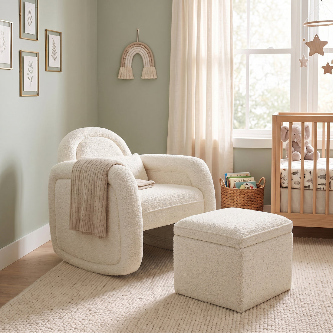 Miro Bouclé Rocking Chair with Ottoman in Cream White