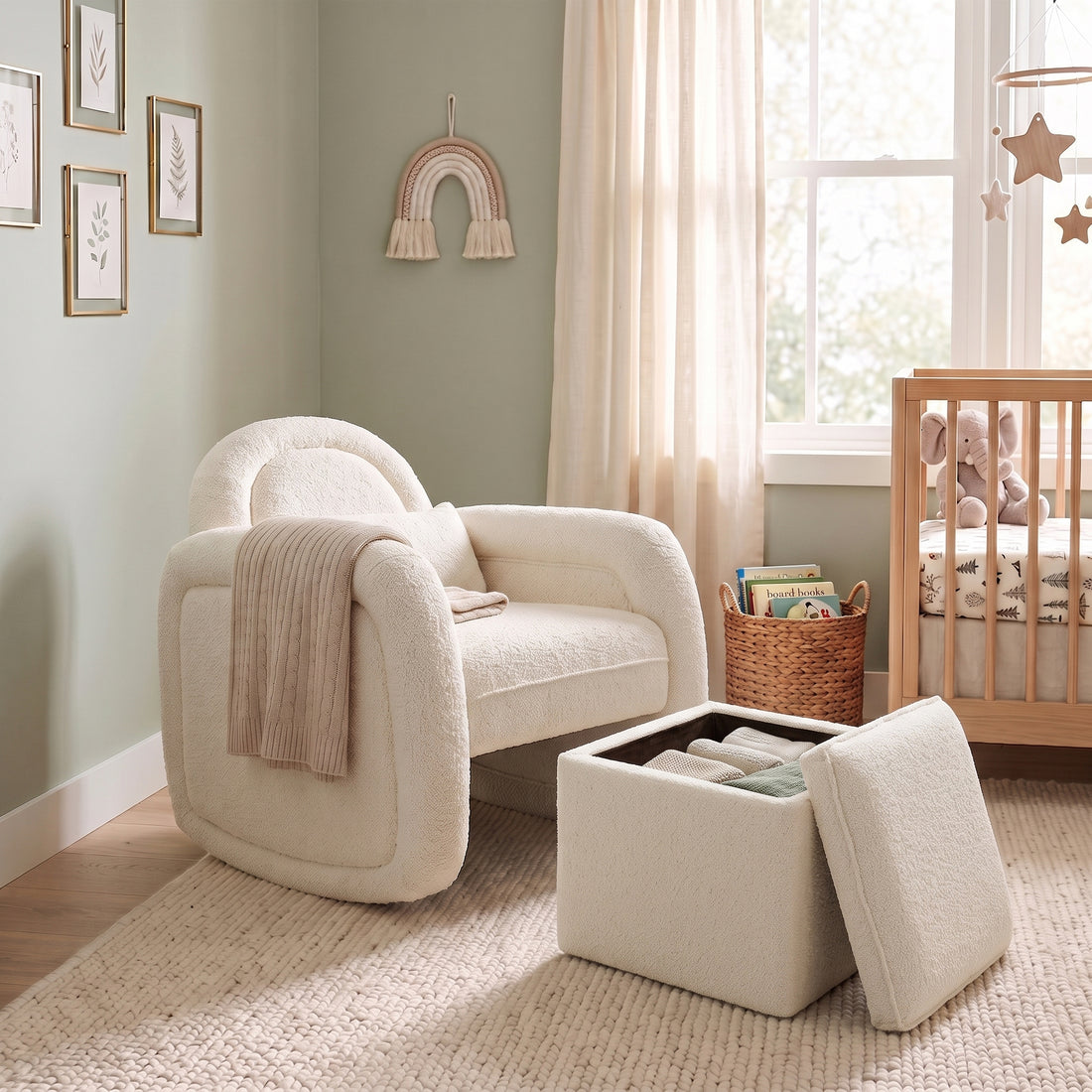 Miro Bouclé Rocking Chair with Ottoman in Cream White