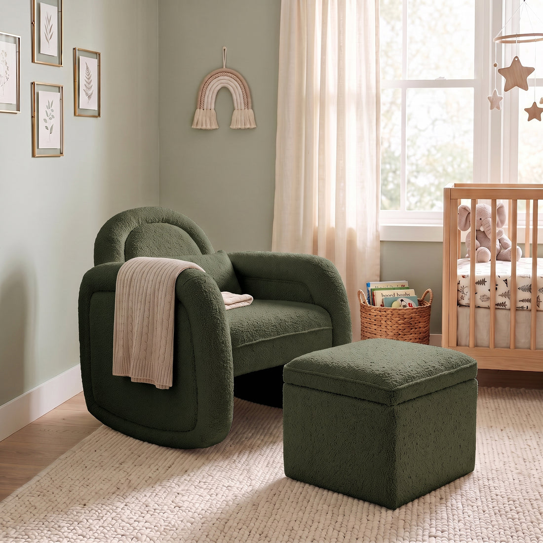 Miro Bouclé Rocking Chair with Ottoman in Dark Forest Green