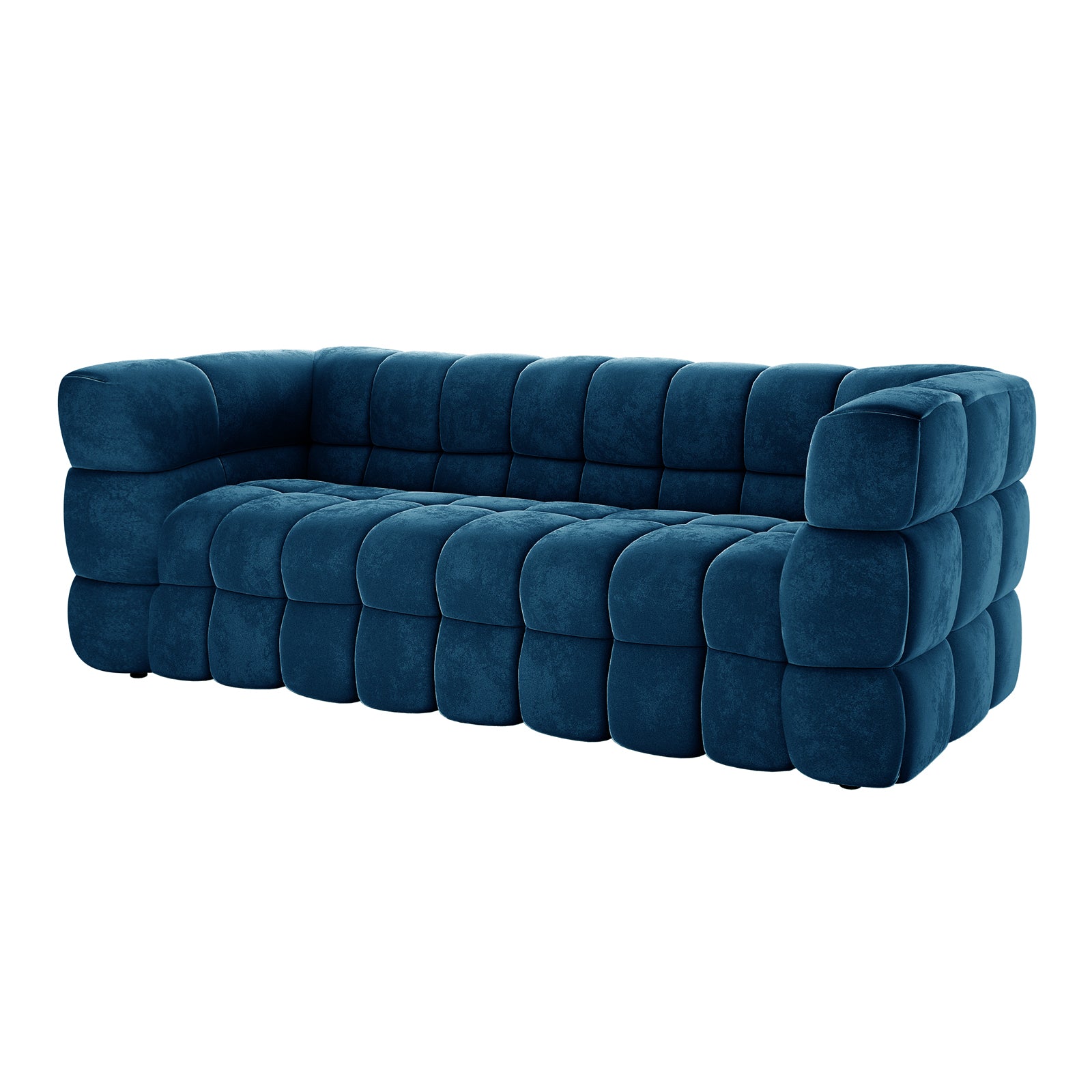 Norah 3 Seater Velvet Sofa in Blue, showcasing a modern, low-profile design with deep blue velvet upholstery and chunky, quilted block construction, featuring large, square-shaped cushions for a distinctive, modular appearance.