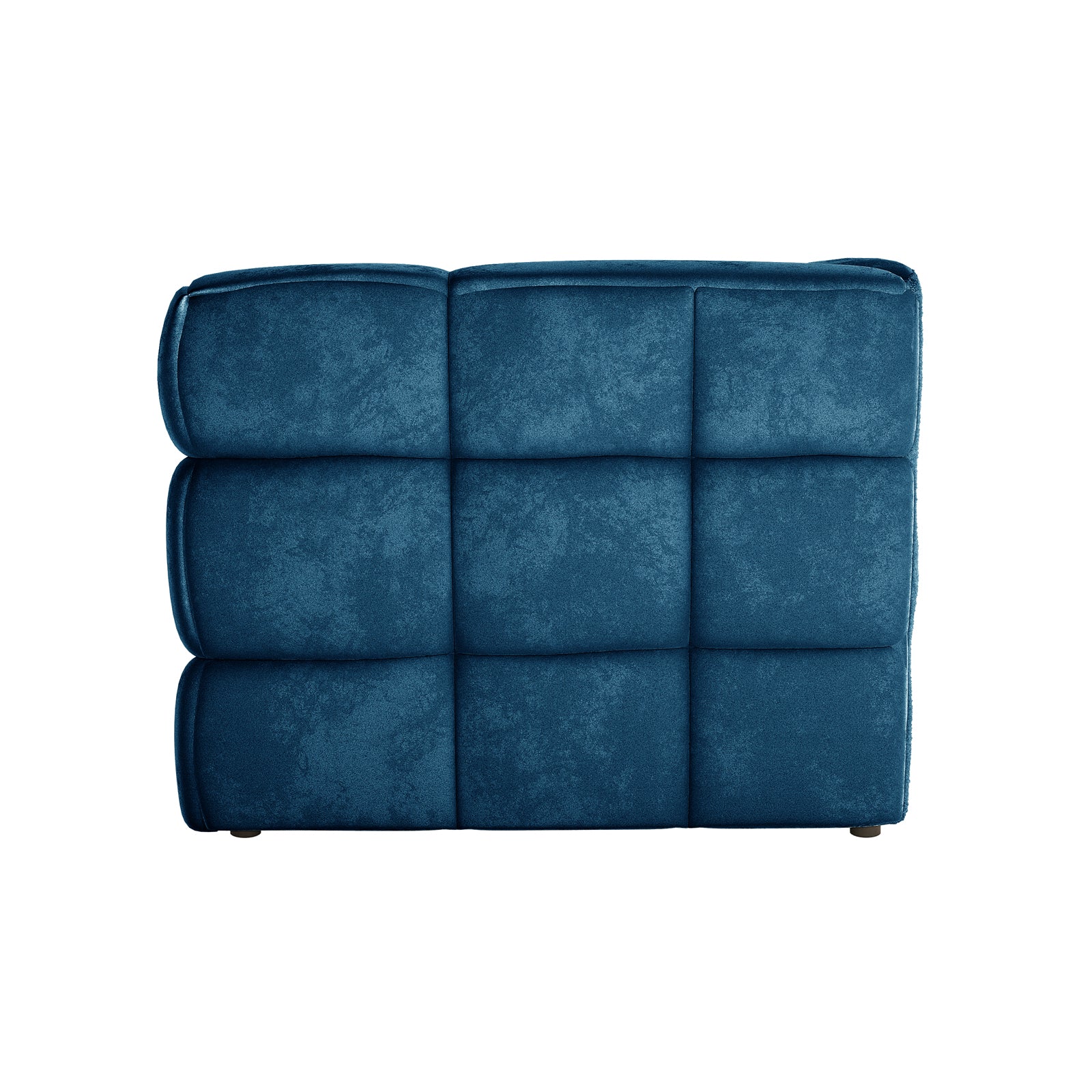 Norah 3 Seater Velvet Sofa in Blue; modular corner section with deep blue velvet upholstery, featuring nine tufted squares and low-profile feet, designed for modern living room elegance and comfort.