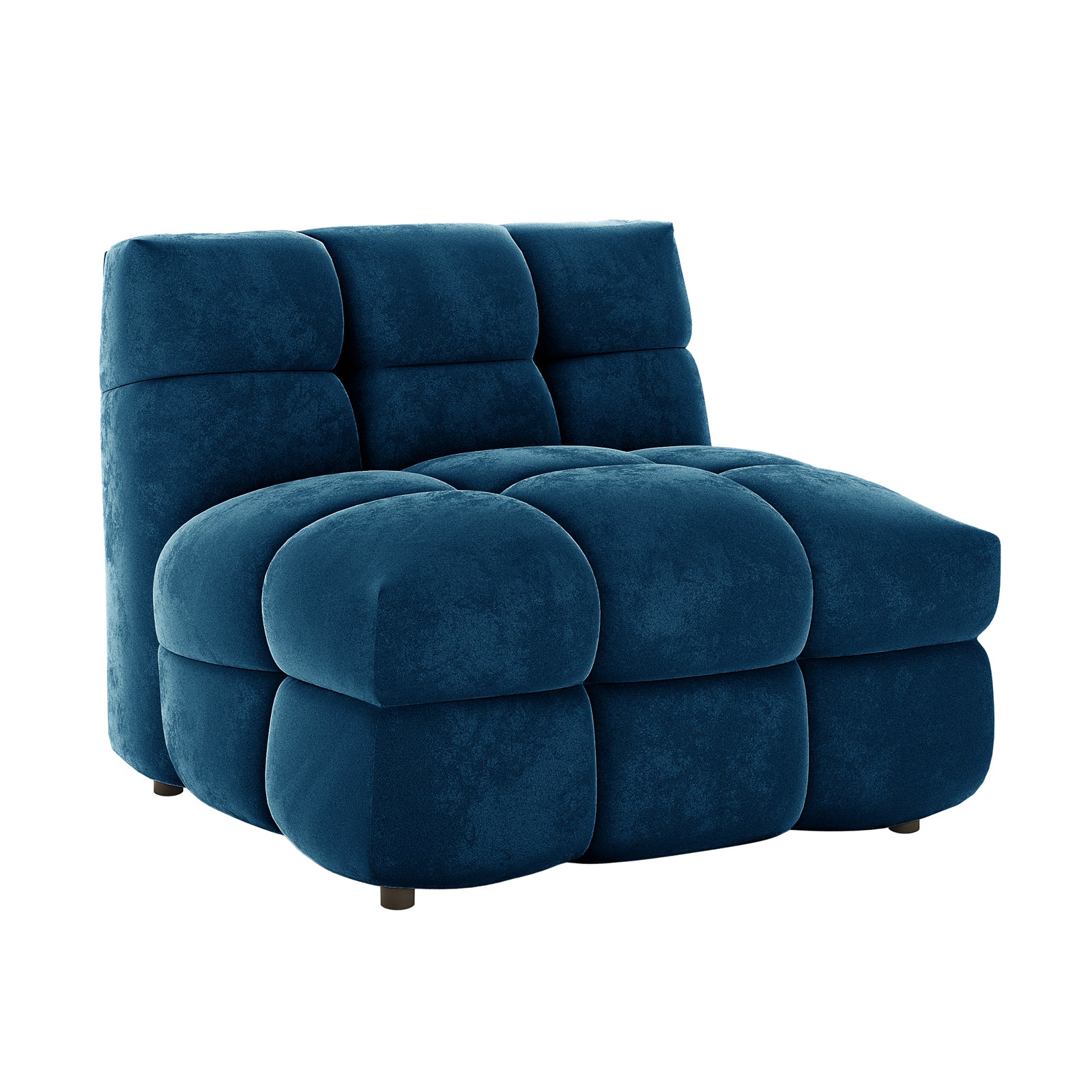Norah 5 Seater Velvet Fabric Sofa Set in Blue features a modular, armless sectional-sofa module with plush, rounded, tufted block cushions, showcasing a cloud-like design for versatile, luxurious seating.