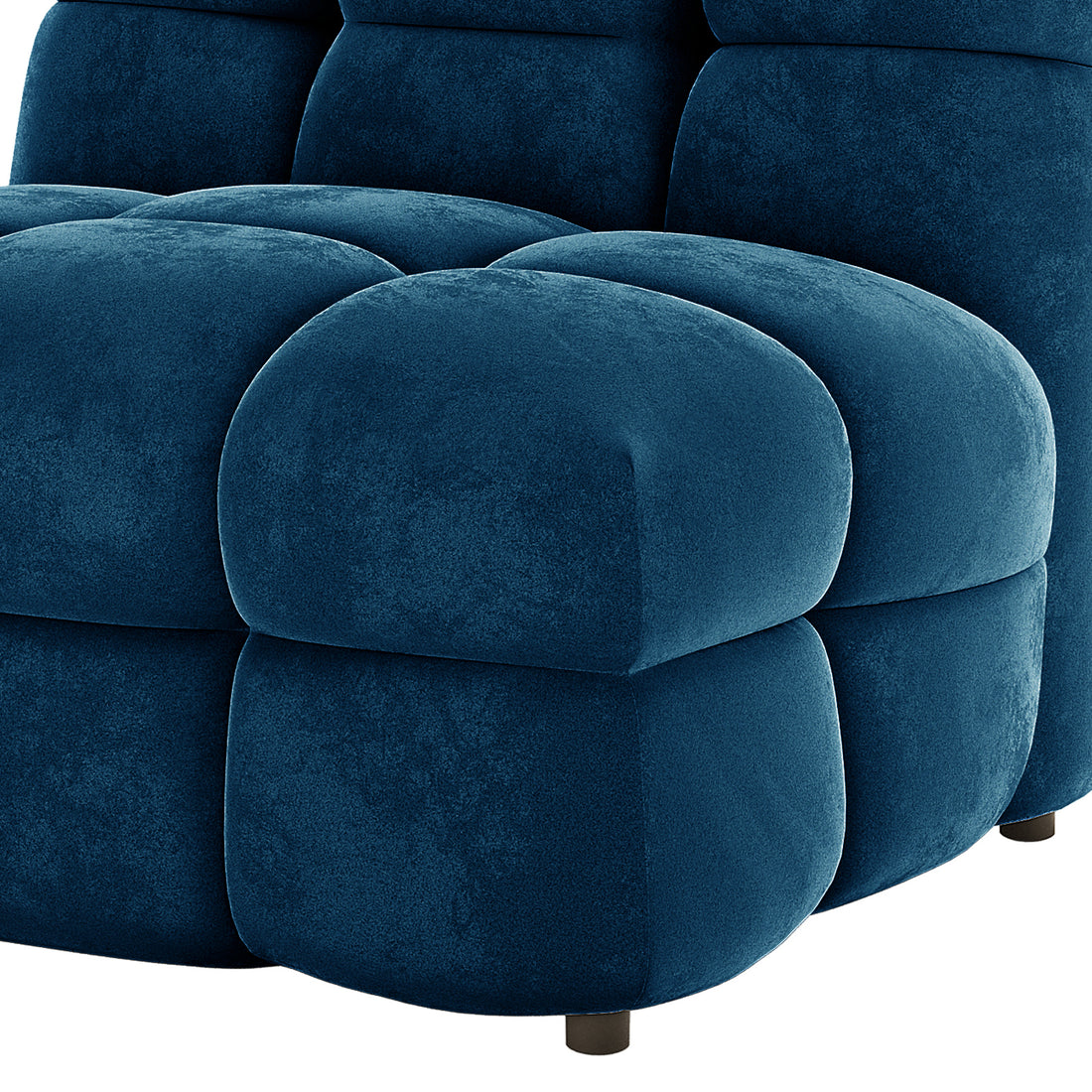 Norah 5 Seater Velvet Fabric Sofa Set in Blue shown as a plush, deep-blue sectional corner piece with oversized, tufted cushion blocks and short, round feet, highlighting its modern, modular design.