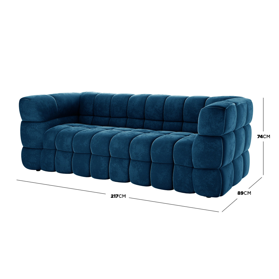 Norah 5 Seater Velvet Fabric Sofa Set in Blue features a modern three-seat design with oversized quilt-style tufting, measuring 217cm wide, 89cm deep, and 74cm tall.