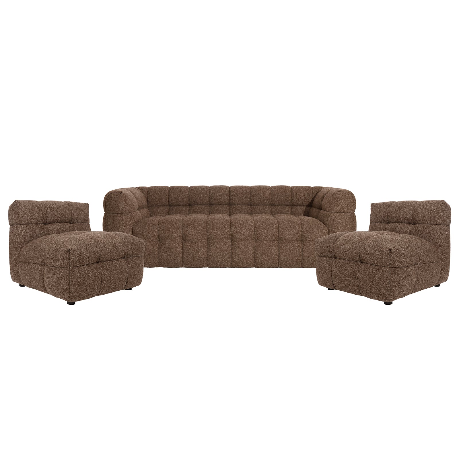 Norah 5-Seater Boucle Sofa Set with Armless Chairs in Brown, featuring a three-seat tufted sofa and two matching armless chairs, all with textured fabric and nearly hidden feet for a plush appearance.