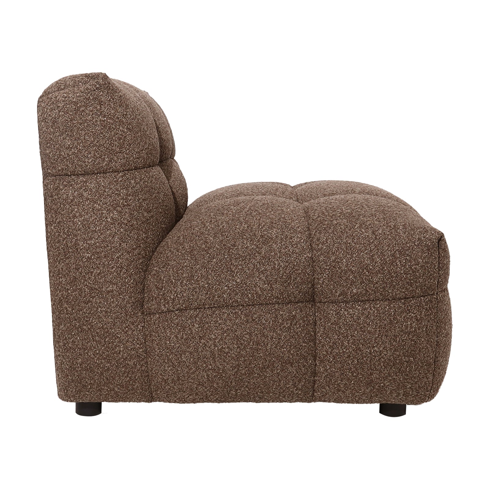 Norah 5-Seater Boucle Sofa Set with Armless Chairs in Brown, featuring a plush, tufted, cubic design, brown bouclé fabric, and low black cylindrical feet, creating a modern, cosy living space.