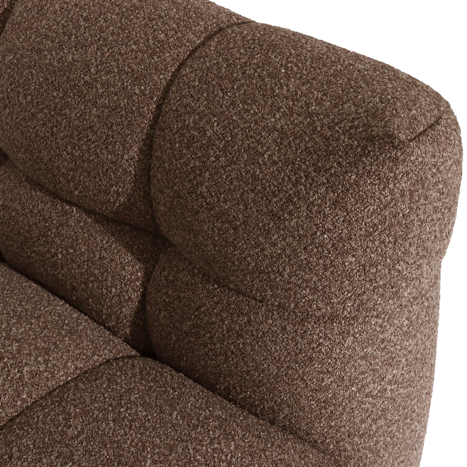 Close-up of the Norah 5-Seater Boucle Sofa Set in Brown, highlighting the tufted backrest and seat cushion in textured boucle fabric, showcasing the sofa's luxurious and modern elegance.