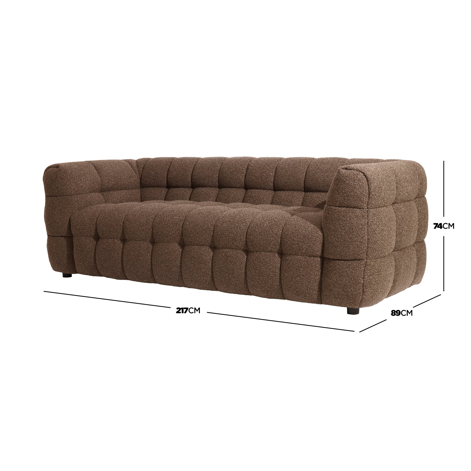 Norah 5-Seater Boucle Sofa Set with Armless Chairs in Brown features a low-profile, deeply tufted chocolate-brown fabric and a solid wood frame, measuring 217 cm wide, 89 cm deep, and 74 cm tall.