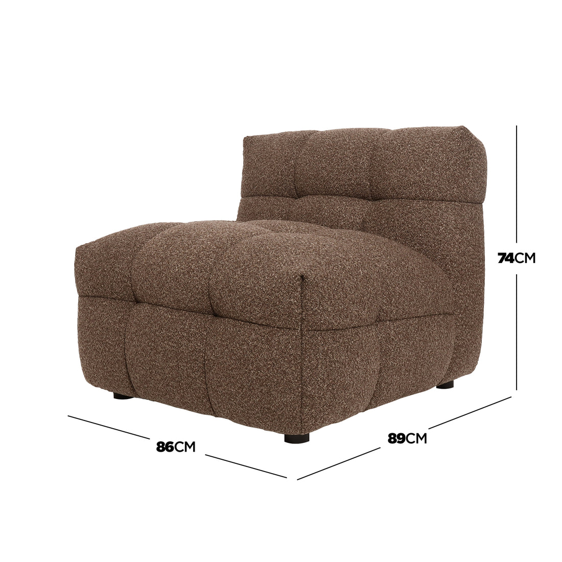 The Norah 5-Seater Boucle Sofa Set with Armless Chairs in Brown features chocolate-brown, tufted upholstery, low black feet, and modular design, highlighting modern elegance and plush comfort.