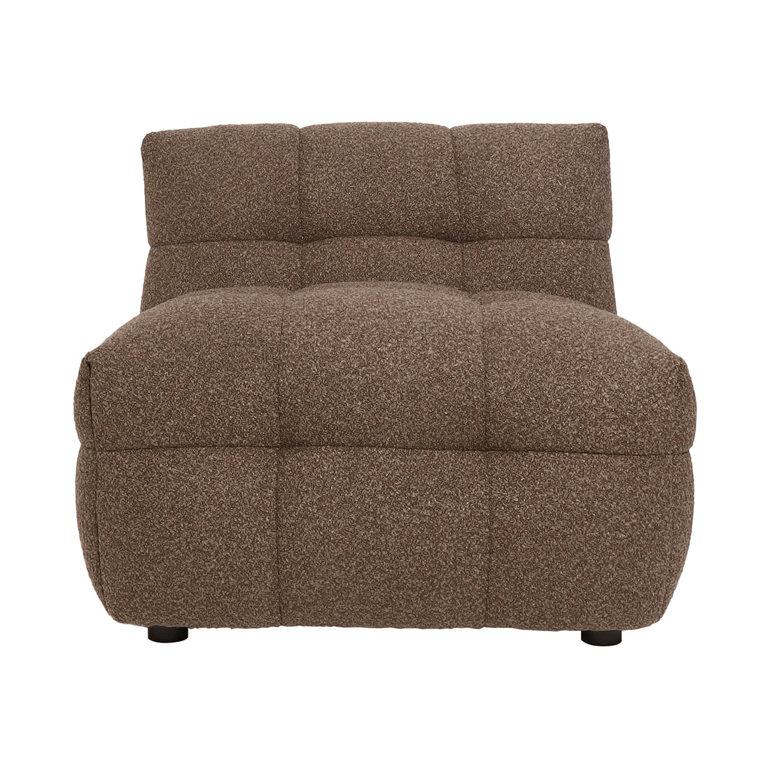 Norah 5-Seater Boucle Sofa Set with Armless Chairs in Brown, featuring chocolate-brown, textured boucle upholstery, tufted padding, and short black legs, offering a modern, cosy accent for your living room.