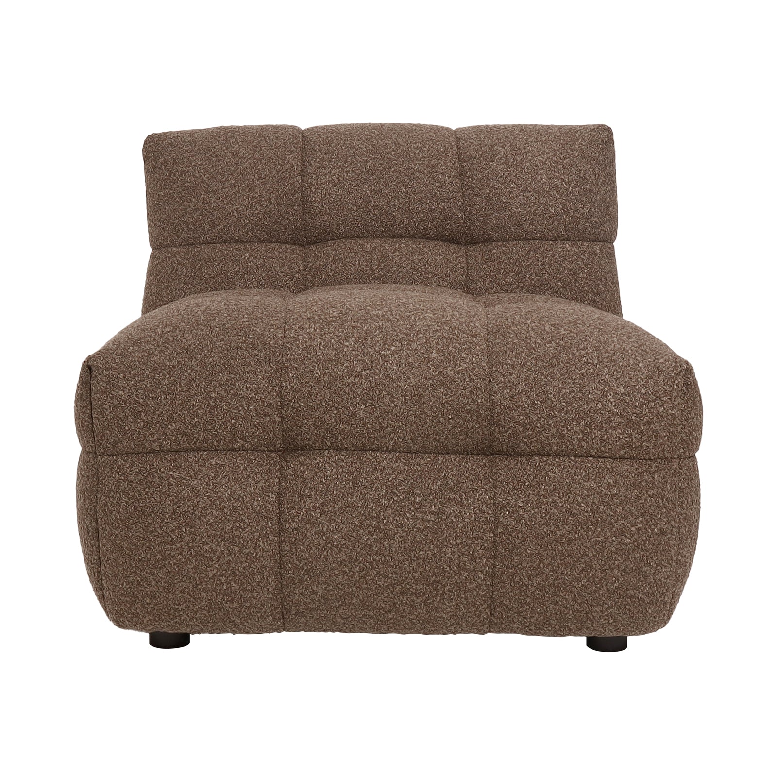 Norah 5-Seater Boucle Sofa Set with Armless Chairs in Brown, featuring chocolate-brown, textured boucle upholstery, tufted padding, and short black legs, offering a modern, cosy accent for your living room.
