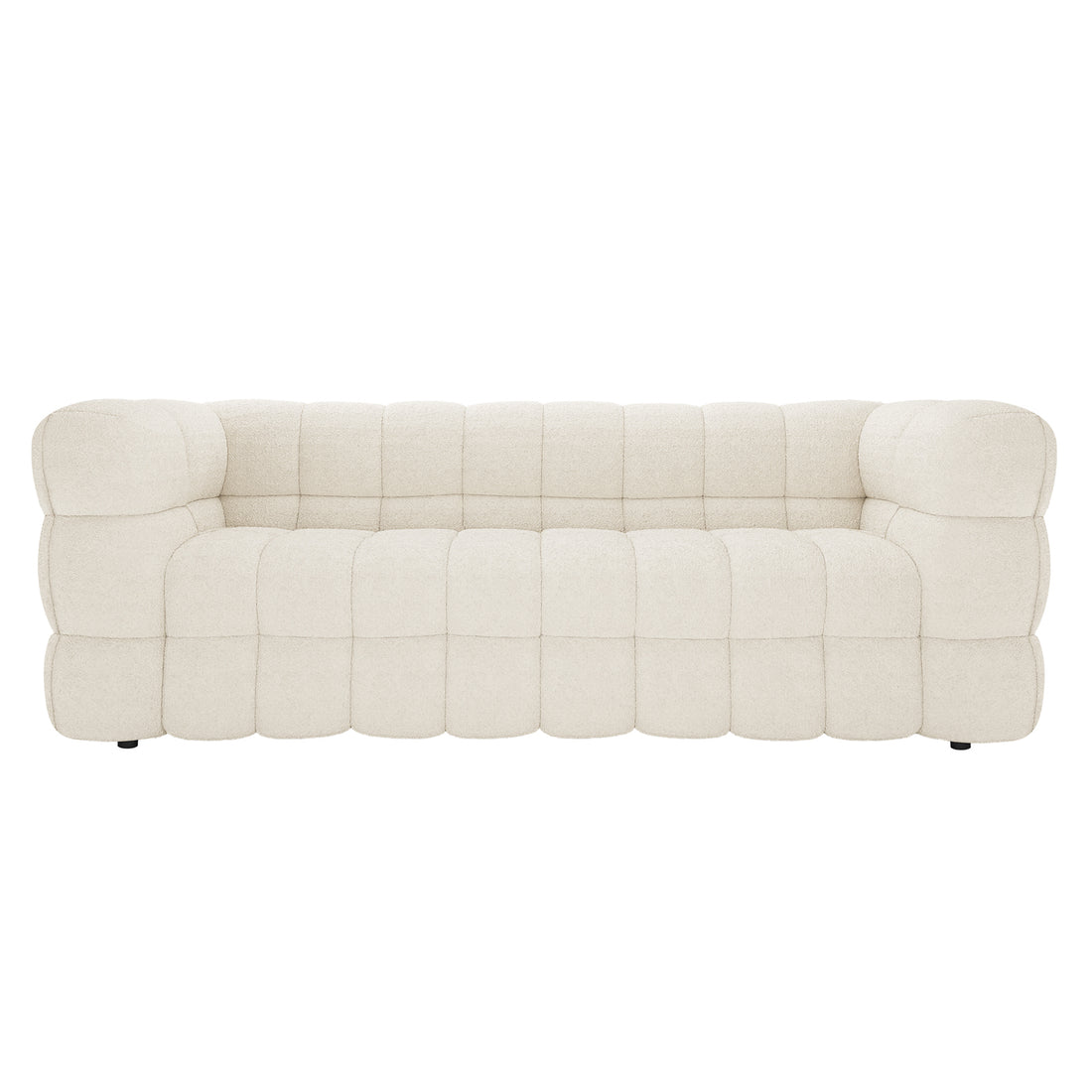 Norah 5 Seater Boucle Fabric Sofa Set in Cream White features a modern design with cream-colored upholstery, deep tufting, and blocky cushion modules, exuding elegance and versatility for any living space.