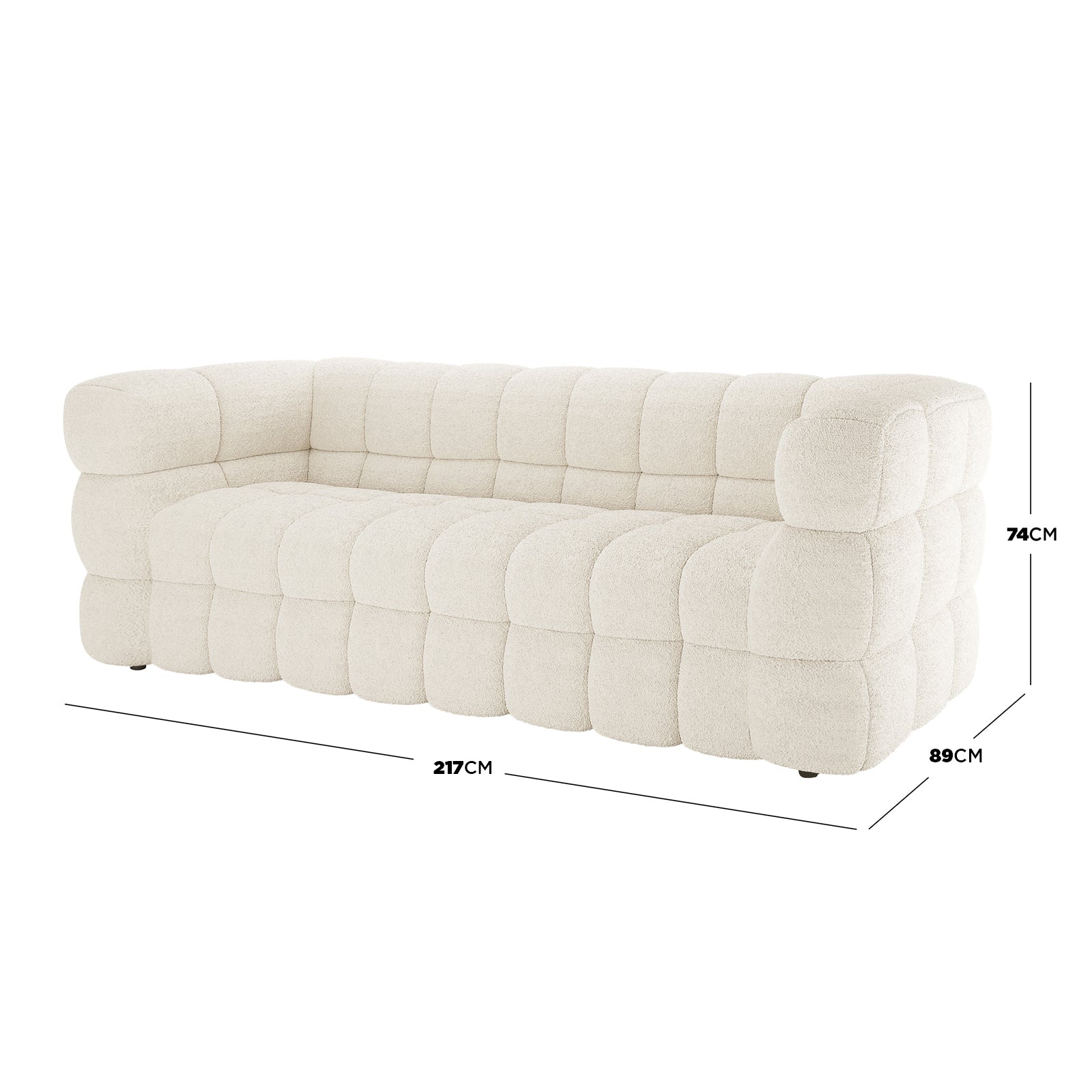 Norah 5 Seater Boucle Fabric Sofa Set in Cream White features a modern, tufted, cloud-like design with off-white bouclé upholstery and sculptural, rounded cushions, perfect for contemporary living spaces.