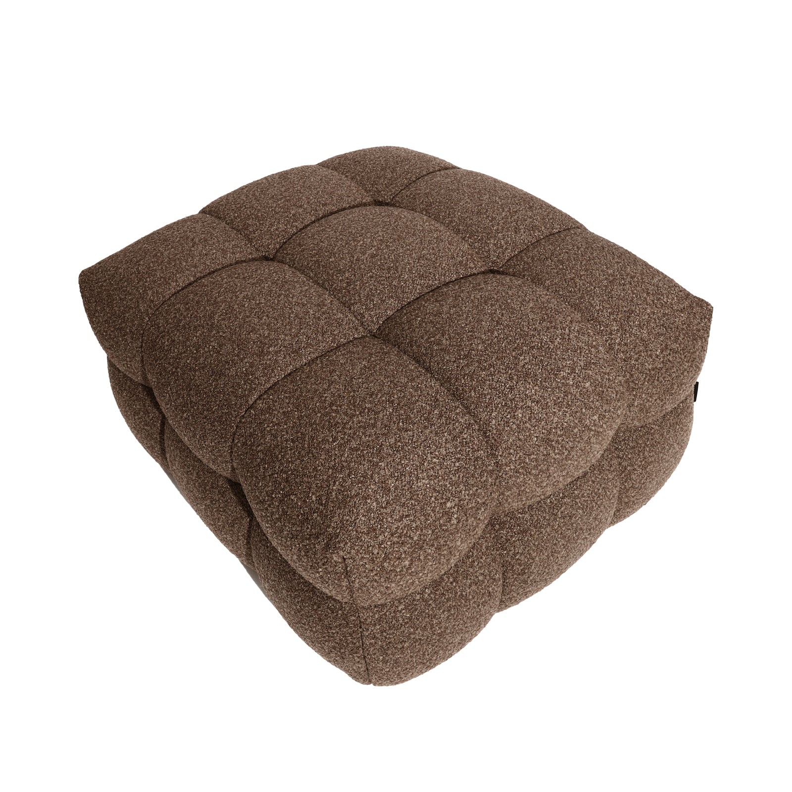 The Norah 5 Seater Boucle Sofa Set With Ottoman in Brown features a square, deeply tufted ottoman with a quilted grid, upholstered in plush boucle fabric, exuding modern elegance and comfort.