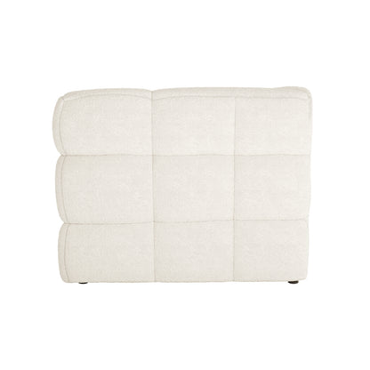 Norah 5 Seater Boucle Sofa Set with Ottoman in Cream White, featuring a single sectional end-piece with creamy bouclé fabric, lightly tufted squares, and a rounded back/arm profile on one side.