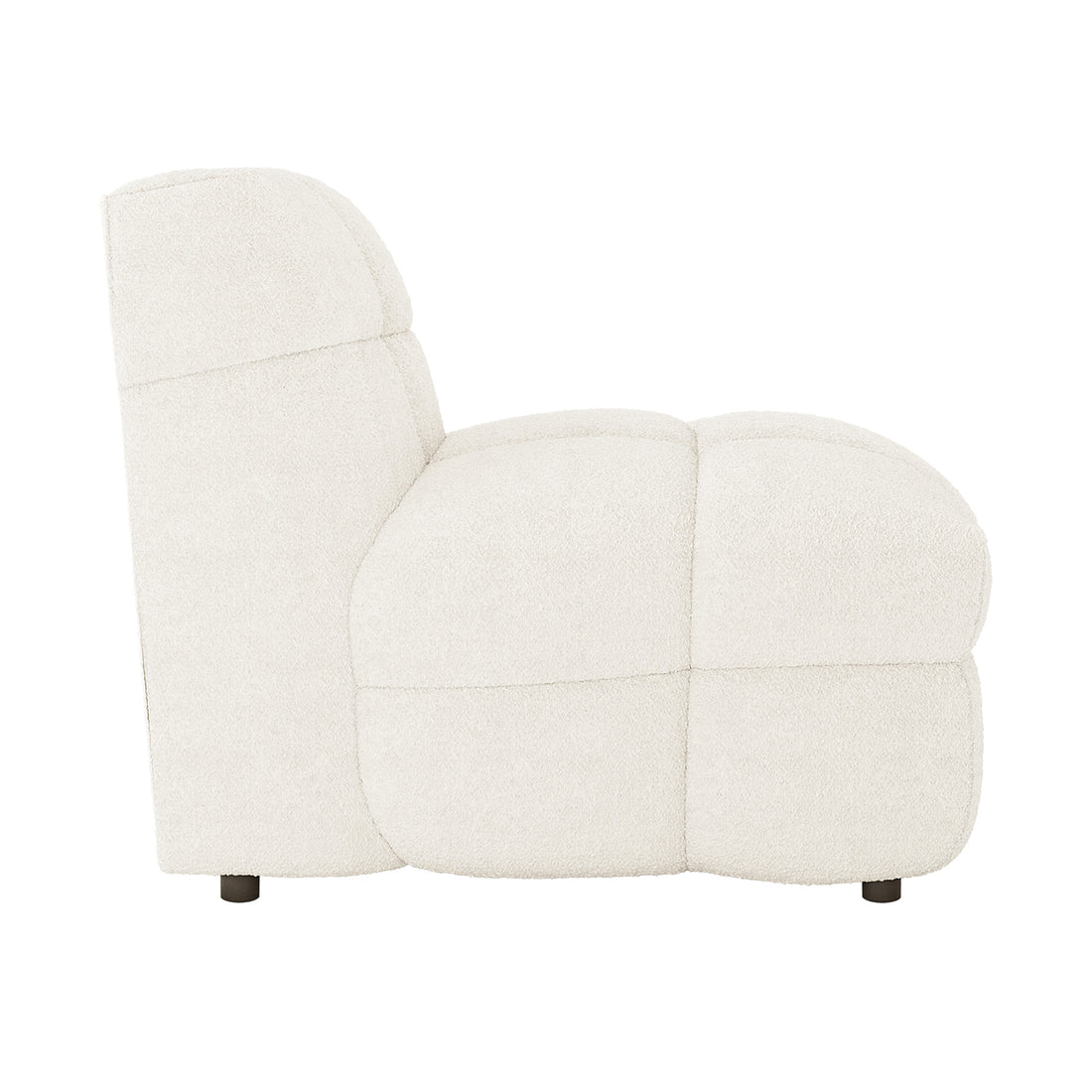 Norah 5 Seater Boucle Sofa Set with Ottoman in Cream White features a modular, armless, low-profile lounge seat with plush, tufted upholstery, showcasing a contemporary, block-style design for modern living spaces.