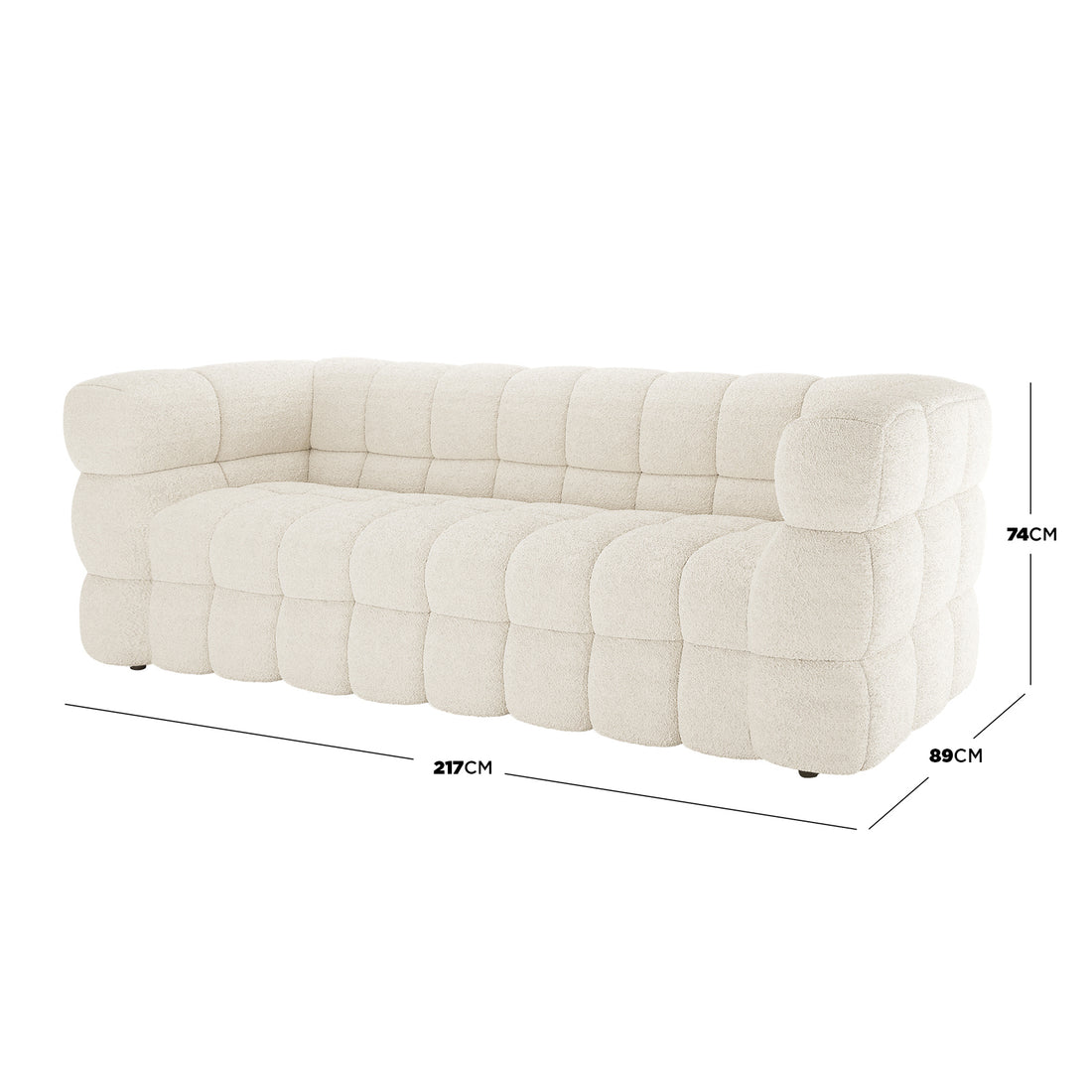 Norah 5 Seater Boucle Sofa Set with Ottoman in Cream White features a modern, low-profile design with tufted, cloud-like cushions. Dimensions: 217 cm wide, 89 cm deep, 74 cm tall.