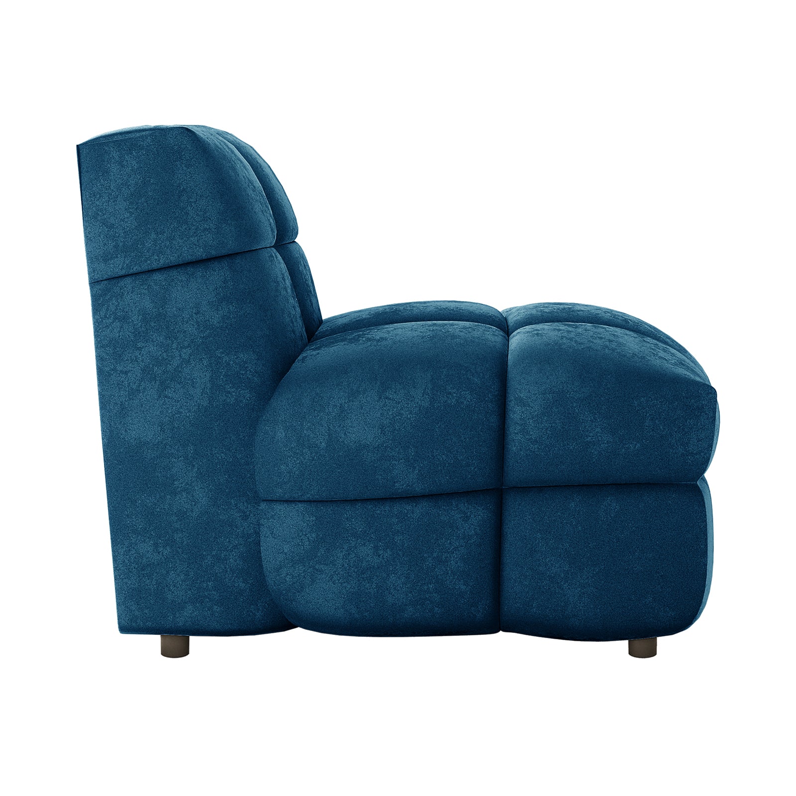Norah Single Seater Tufted Velvet Sofa in Blue, featuring oversized tufted cushions, armless design, deep blue upholstery, and low round feet, perfect for enhancing small spaces with style and comfort.