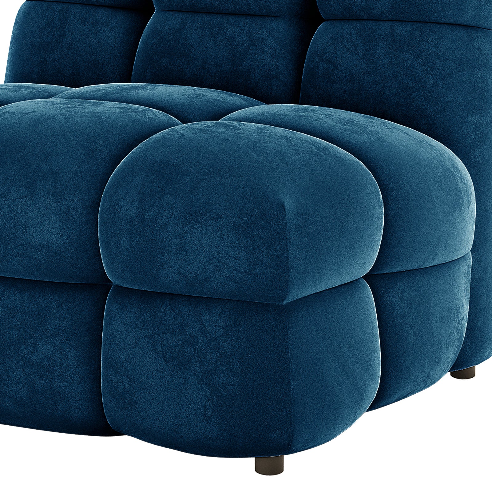 Norah Single Seater Tufted Velvet Sofa in Blue features plush, cube-like cushions and an armless design, showcasing a rich velvet texture that enhances its stylish, modular appearance.