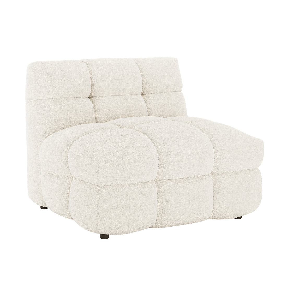 Norah Single Seater Boucle Sofa in Cream White, featuring rounded tufted cushion blocks and upholstered in soft boucle fabric, supported by small black cylindrical feet for a modern, elegant living room addition.