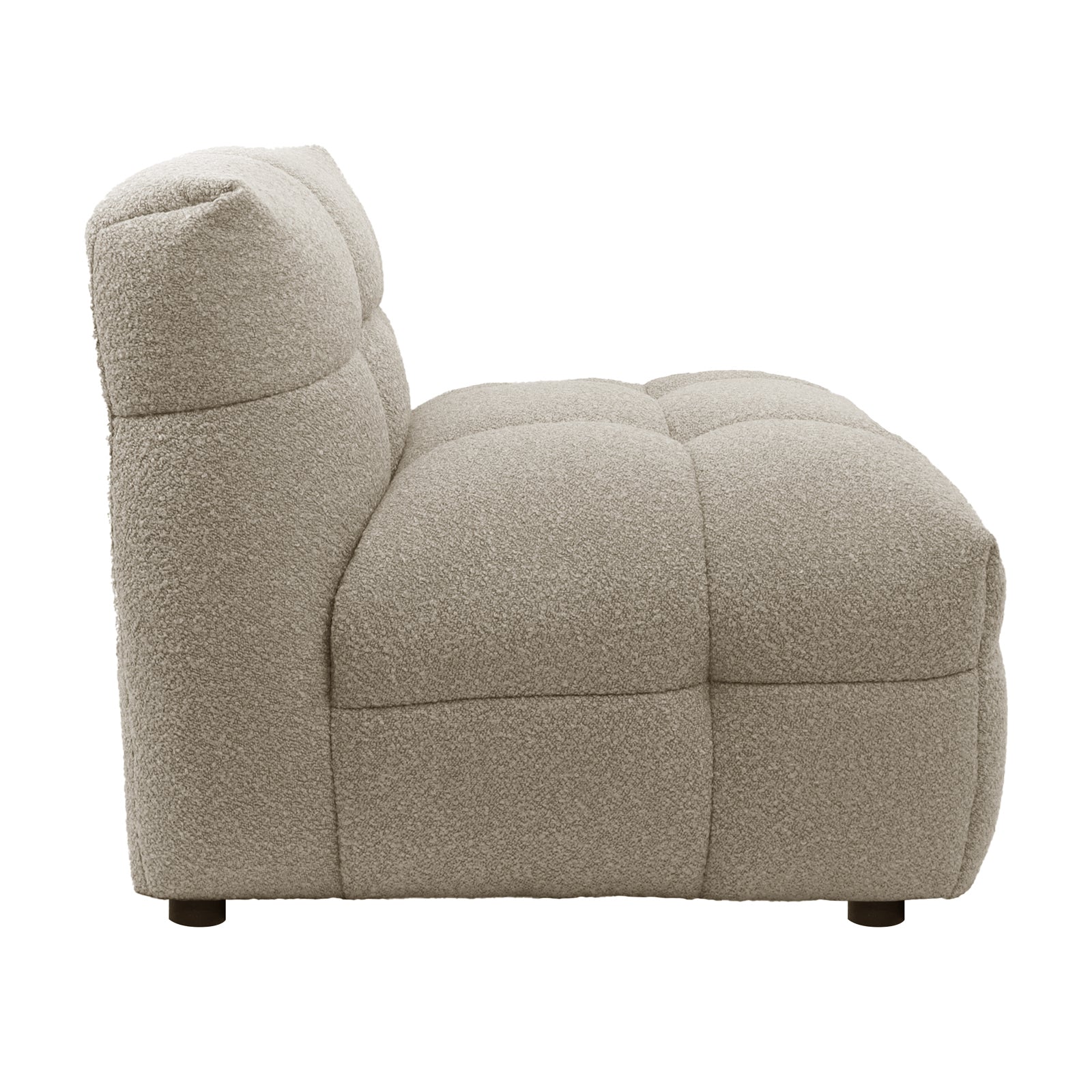 Norah Boucle Single Seater Sofa in Warm Beige, featuring a light-beige bouclé fabric, deep-tufted cushions, and low-profile design with small round feet. Perfect for contemporary comfort and style.