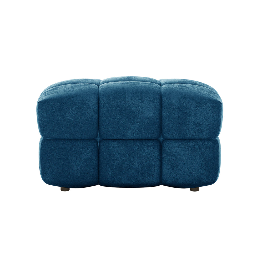 Norah Velvet Fabric Upholstered Tufted Ottoman in Blue: A cube-shaped ottoman with six padded, tufted blocks and small feet, offering versatile use as extra seating, a footrest, or a side table.