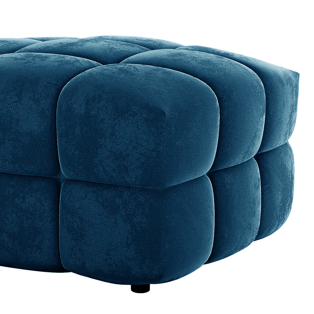 Norah Velvet Fabric Upholstered Tufted Ottoman in Blue, cube-shaped with a tufted design, featuring oversized, rounded squares and small black feet, offering a modern touch to any living room.