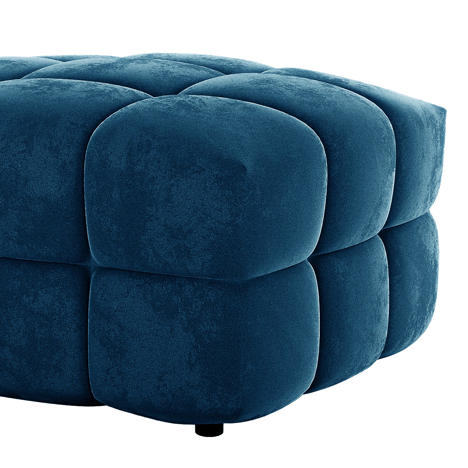 Norah Velvet Fabric Upholstered Tufted Ottoman in Blue, cube-shaped with a tufted design, featuring oversized, rounded squares and small black feet, offering a modern touch to any living room.