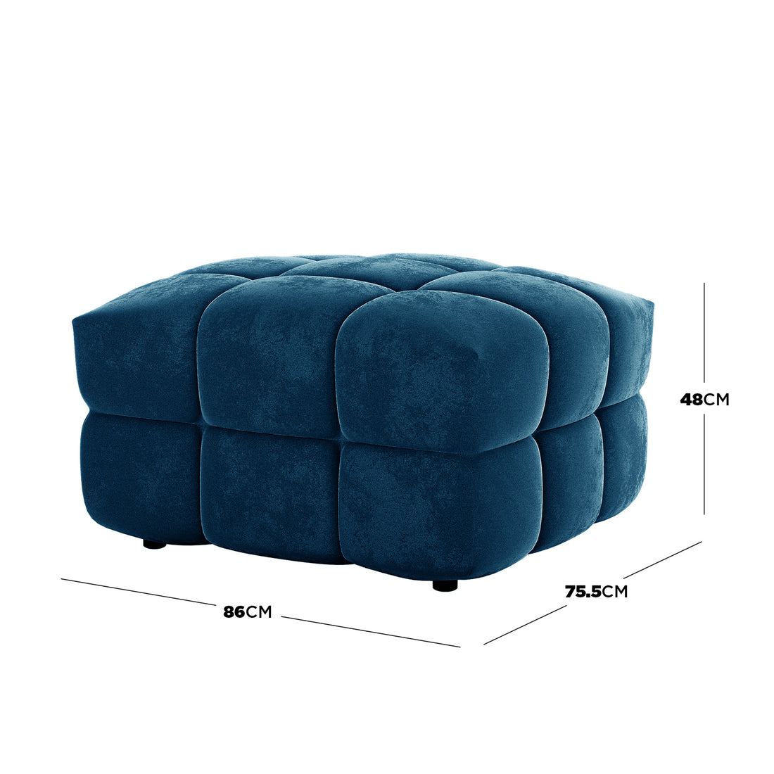 Norah Velvet Fabric Upholstered Tufted Ottoman in Blue features deep blue velvety fabric with oversized, grid-patterned tufted cushions; measures 86 cm wide, 75.5 cm deep, 48 cm tall.