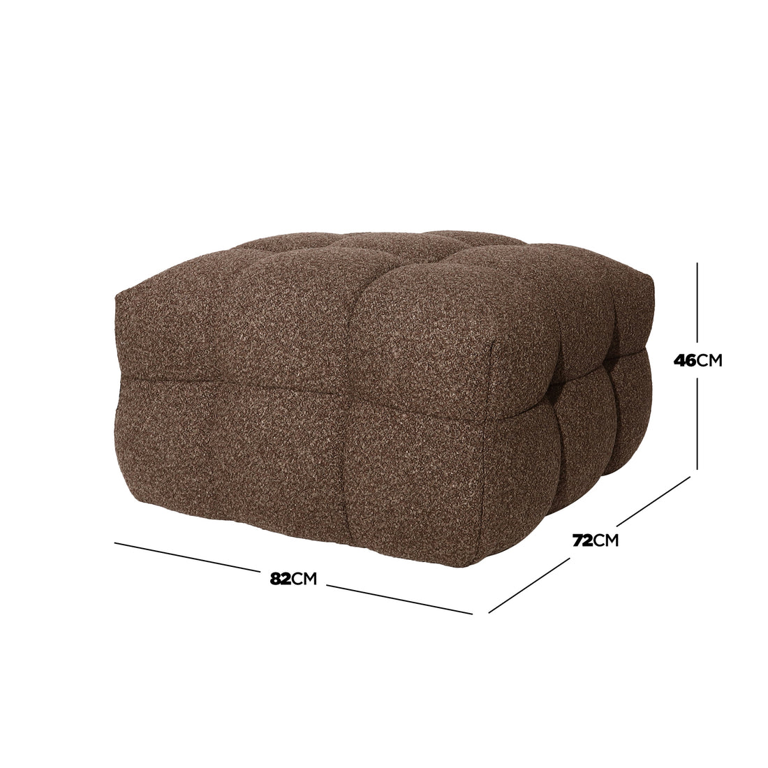 Norah Boucle Ottoman in Brown, square and tufted, upholstered in plush boucle-style fabric; dimensions 82x72x46 cm, showcasing a cozy and versatile design for seating or footrest.
