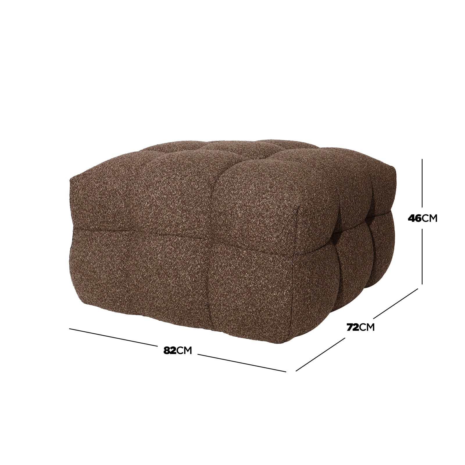 Norah Boucle Ottoman in Brown, square and tufted, upholstered in plush boucle-style fabric; dimensions 82x72x46 cm, showcasing a cozy and versatile design for seating or footrest.