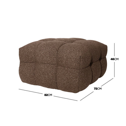 Norah Boucle Ottoman in Brown, square and tufted, upholstered in plush boucle-style fabric; dimensions 82x72x46 cm, showcasing a cozy and versatile design for seating or footrest.