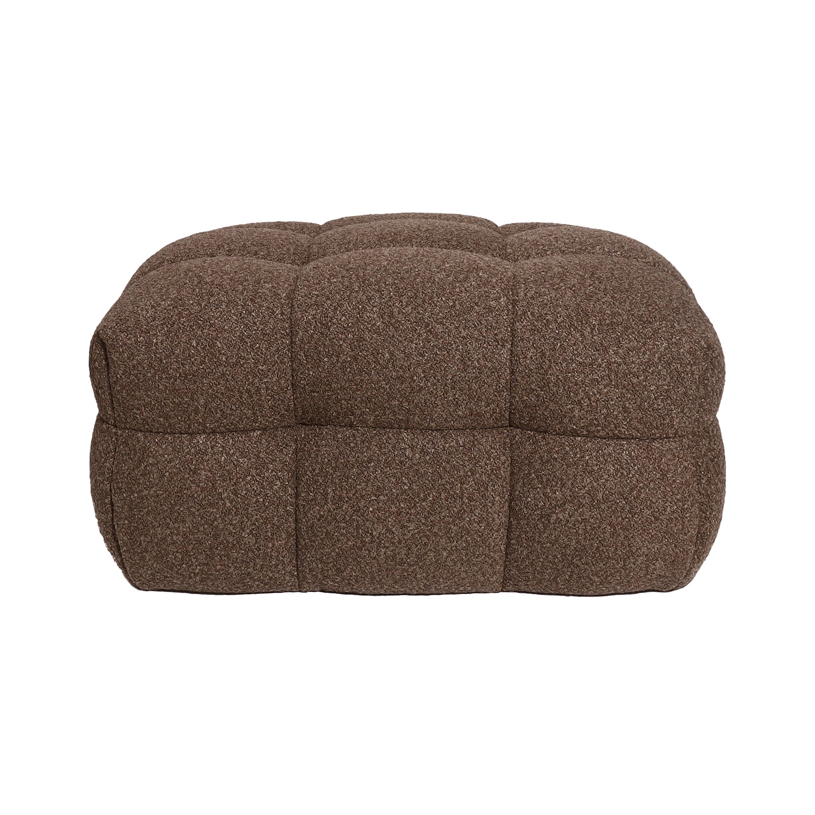 Norah Boucle Ottoman in Brown featuring a low, rectangular design with a plush, tufted surface in nubby fabric, perfect for versatile use as seating or a footrest.