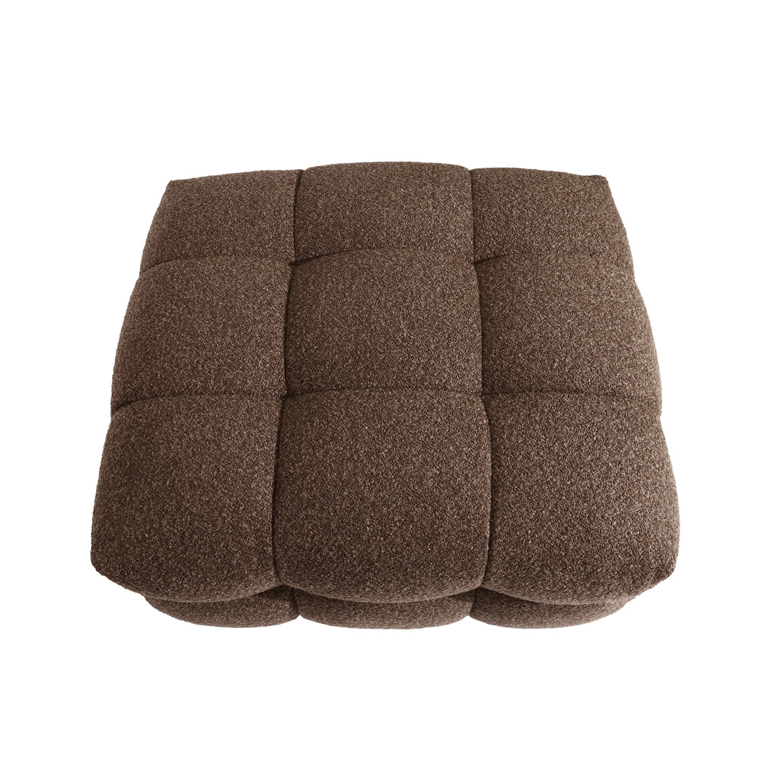 Norah Boucle Ottoman in Brown features a quilt-like, tufted 3×3 grid pattern on textured fabric, offering a stylish and versatile piece for seating or as a coffee table alternative.