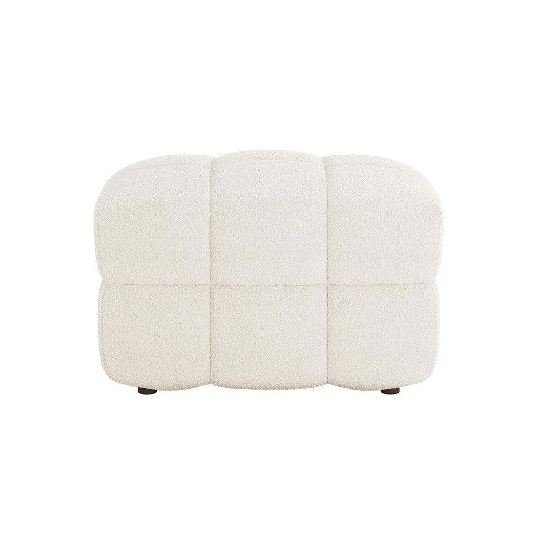 Norah Boucle Ottoman in Cream White, featuring a quilted, tufted design with six padded sections in off-white bouclé fabric, providing versatile extra seating or a footrest on subtle, small feet.