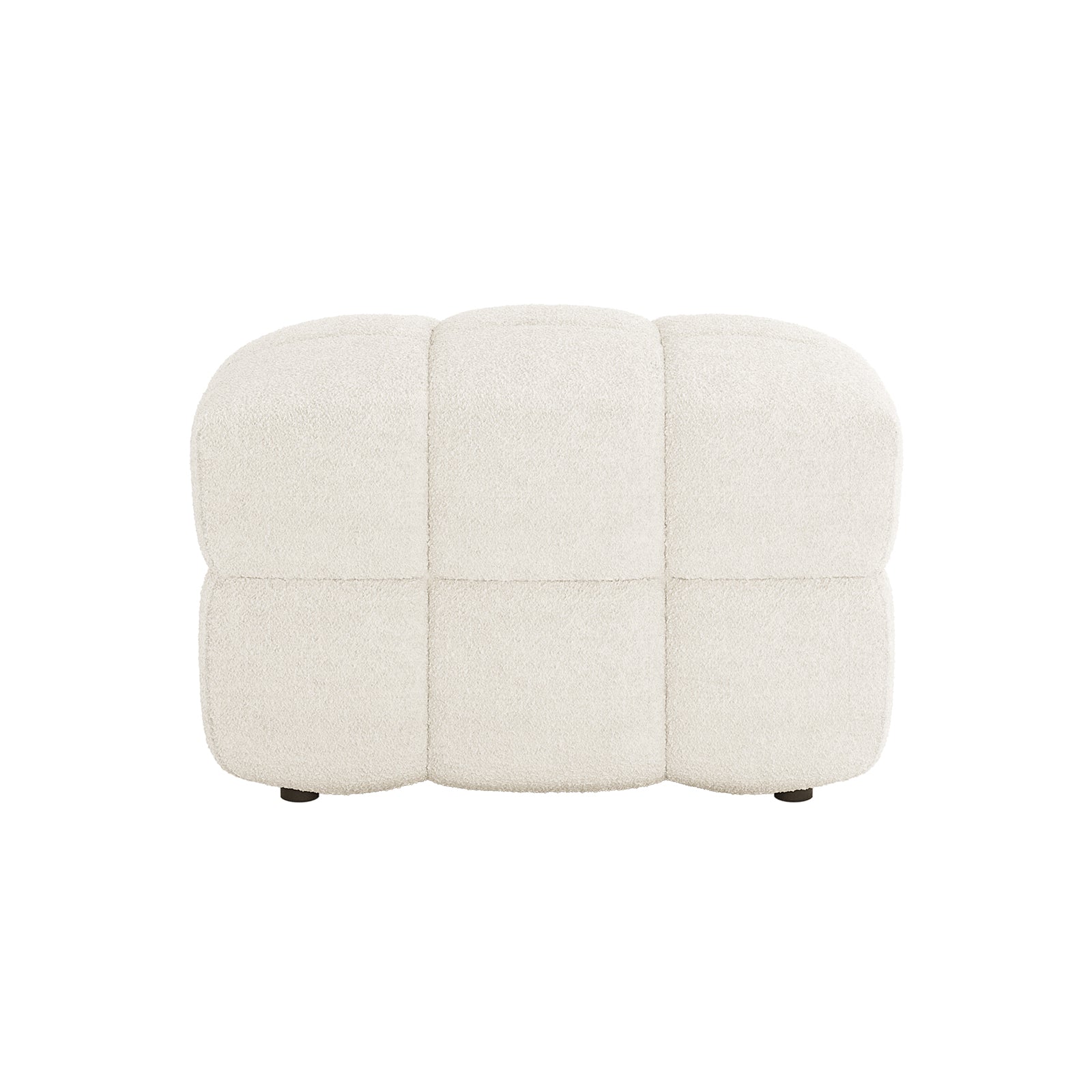 Norah Boucle Ottoman in Cream White, featuring a quilted, tufted design with six padded sections in off-white bouclé fabric, providing versatile extra seating or a footrest on subtle, small feet.