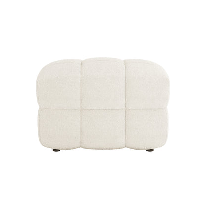 Norah Boucle Ottoman in Cream White, featuring a quilted, tufted design with six padded sections in off-white bouclé fabric, providing versatile extra seating or a footrest on subtle, small feet.