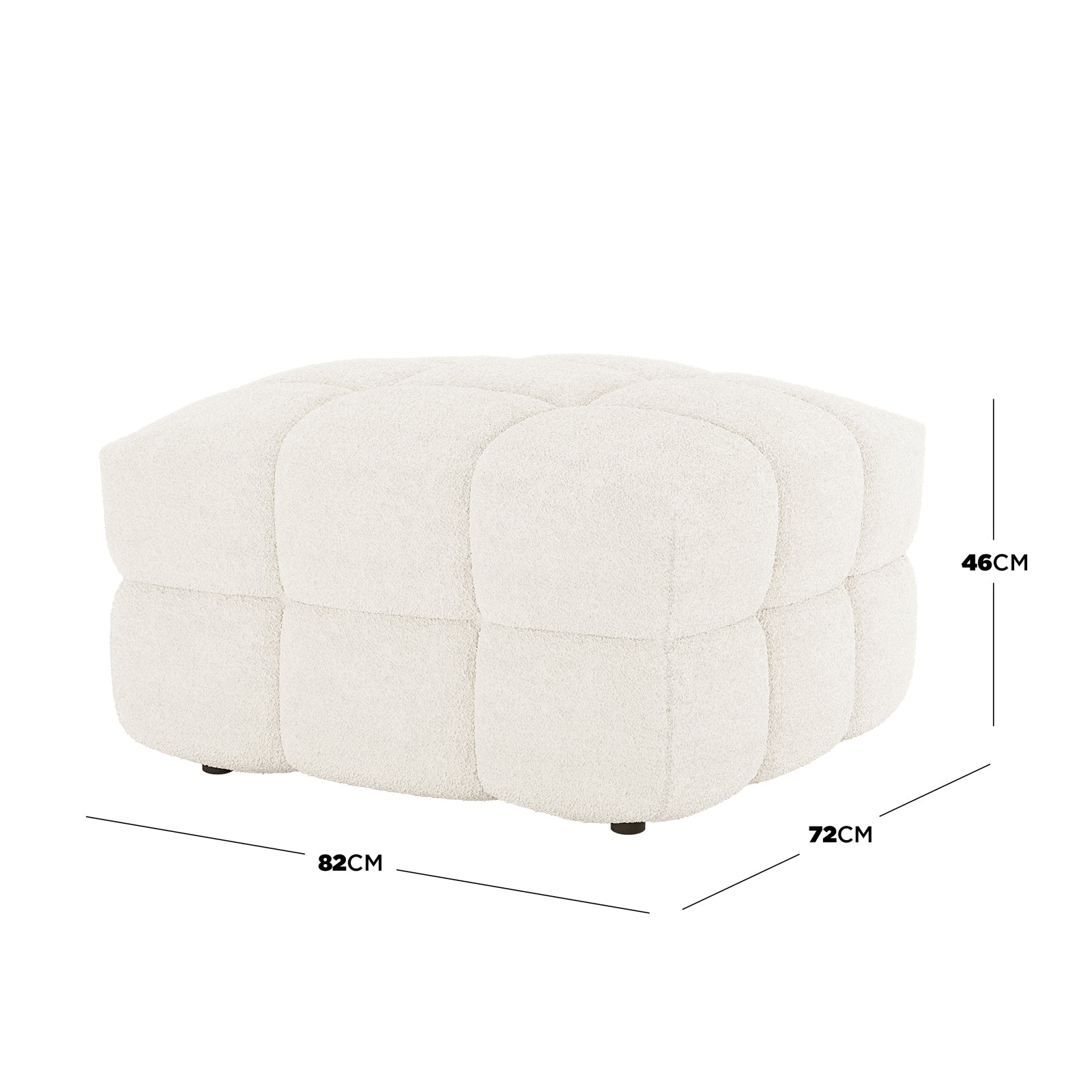 Norah Boucle Ottoman in Cream White, a square ottoman with rounded tufted panels in boucle fabric, featuring dimensions of Width 82 cm, Depth 72 cm, and Height 46 cm, on low-profile feet.