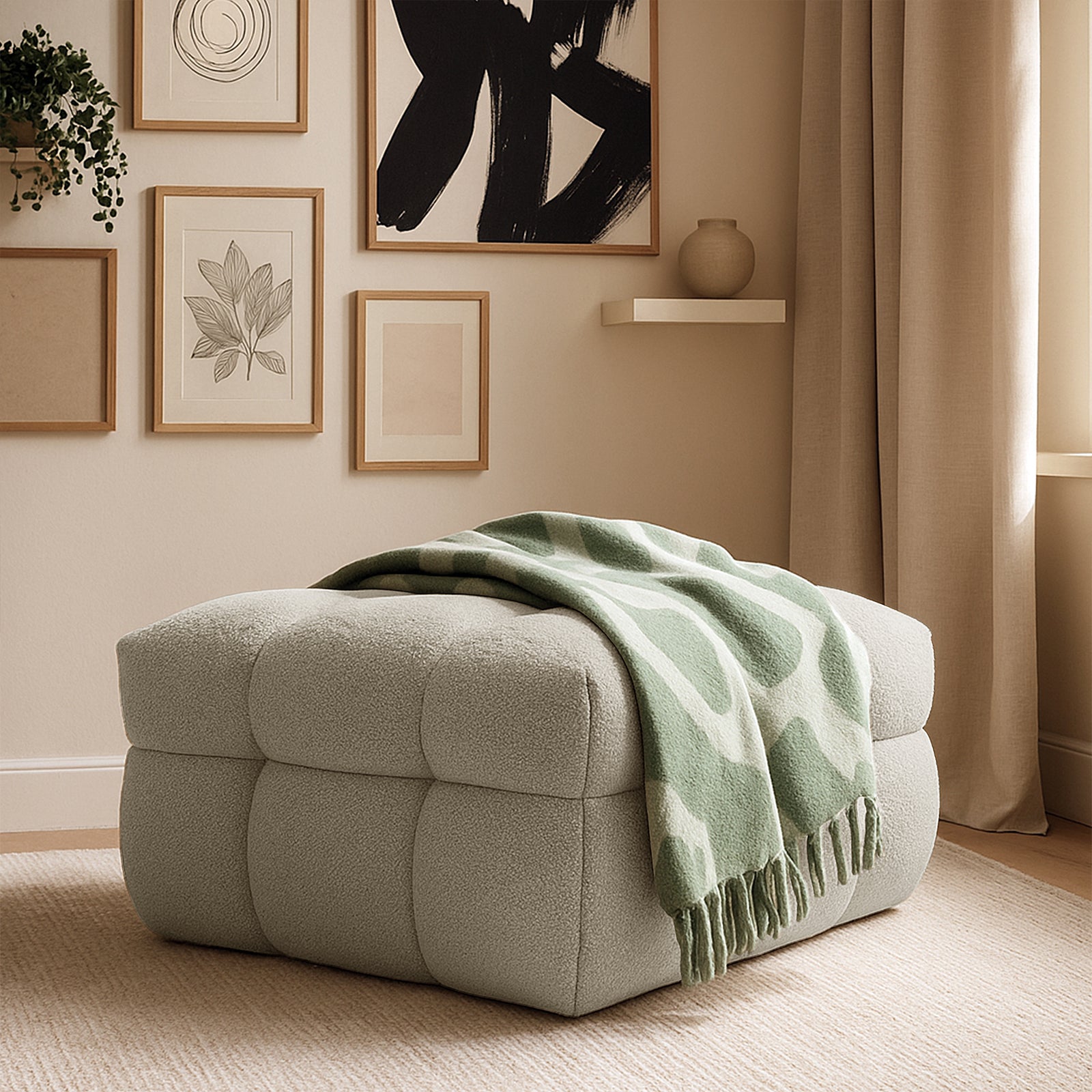 Norah Boucle Ottoman in Warm Beige, a tufted square piece with textured bouclé fabric, surrounded by a soft green patterned throw, set in a minimalist living room with wooden art and ceramics.