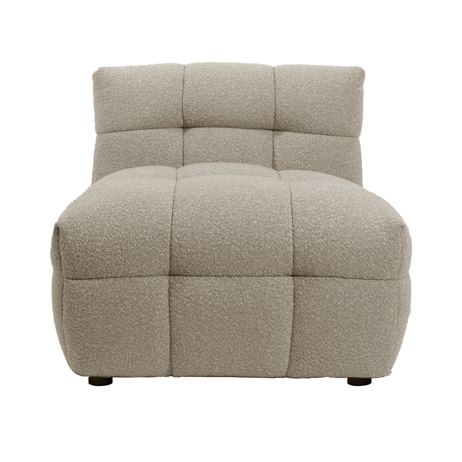 Norah 5 Seater Boucle Sofa Set with Ottoman in Warm Beige features a modern, armless chaise/lounger module with quilted, tufted squares, showcasing plush, boucle-style fabric for elegant lounging.