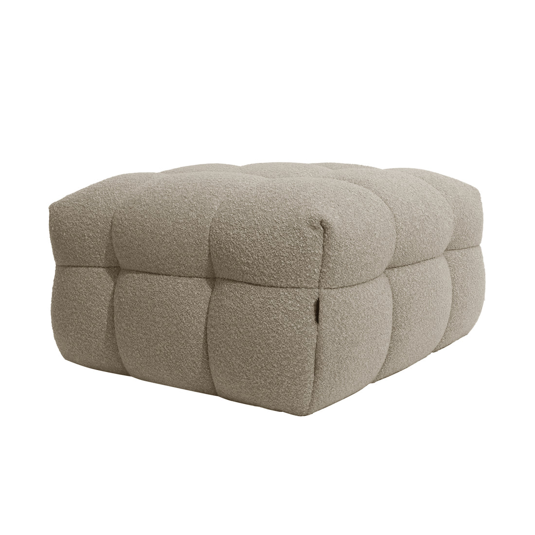 Norah 5 Seater Boucle Sofa Set With Ottoman in Warm Beige, featuring a low, square ottoman with soft, tufted beige bouclé fabric, ideal as a footrest, extra seat, or casual table.