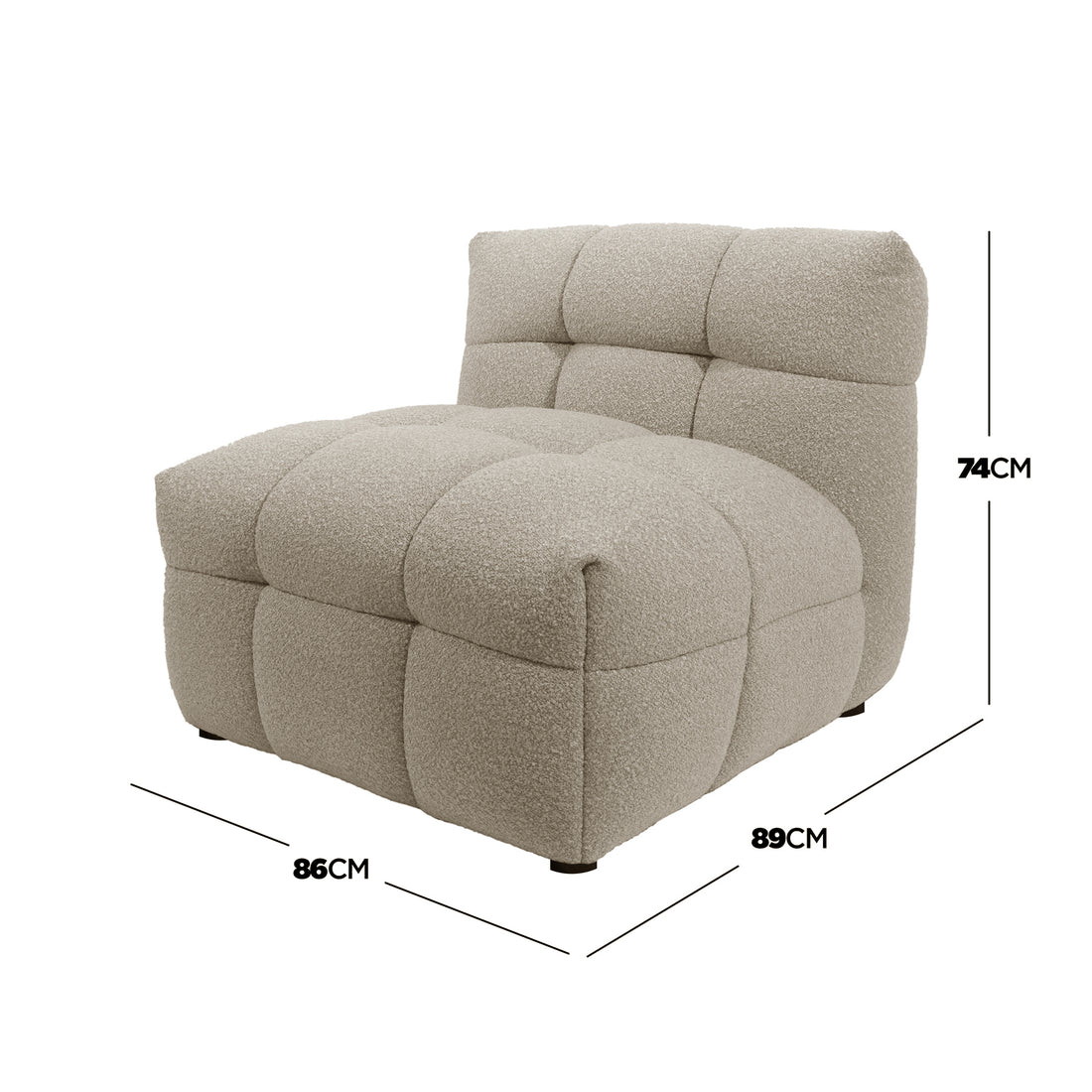 Norah 5 Seater Boucle Sofa Set With Ottoman in Warm Beige features a single-seat, armless module with cream-beige bouclé fabric, deep square tufting, and nearly hidden feet, measuring 86x89x74 cm.