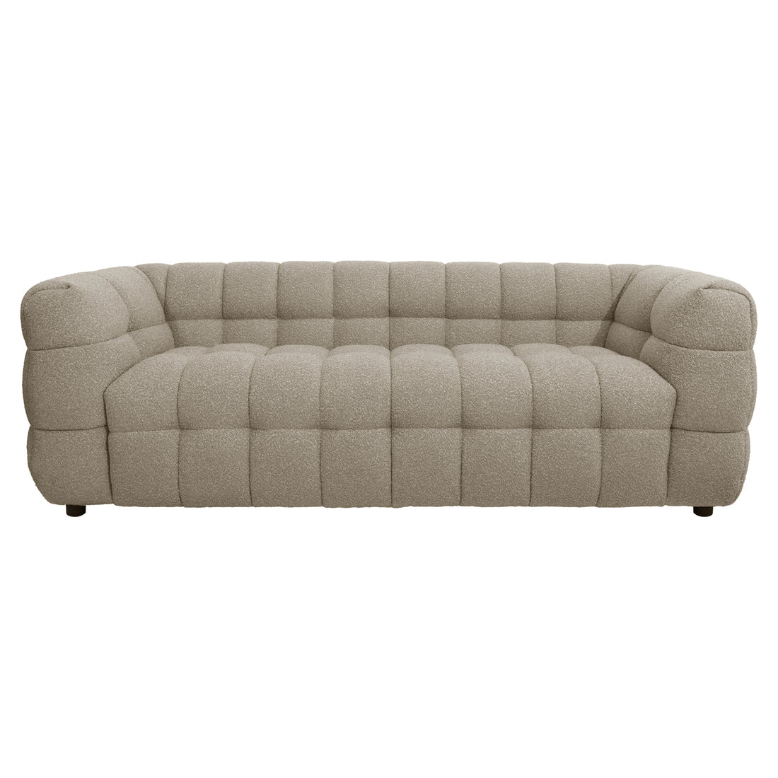 Norah 5 Seater Boucle Sofa Set With Ottoman in Warm Beige features a modern, low-profile design with deep grid-style tufting and a soft, rounded silhouette, perfect for versatile living spaces.