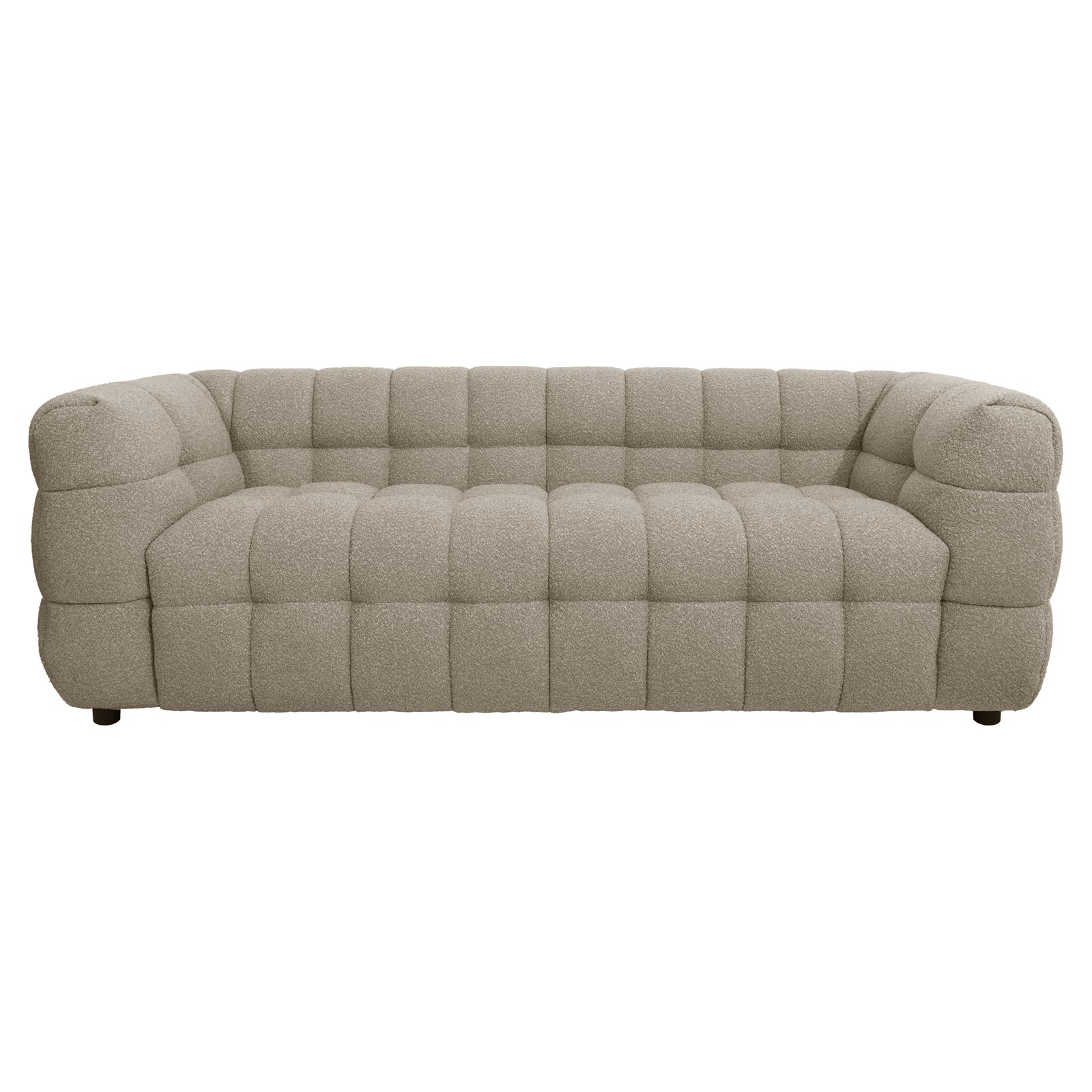 Norah 5 Seater Boucle Sofa Set With Ottoman in Warm Beige features a modern, low-profile design with deep grid-style tufting and a soft, rounded silhouette, perfect for versatile living spaces.