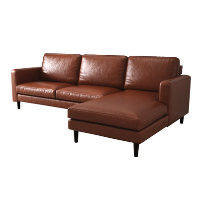 Nornas 3 Seater PU Leather Sofa with Chaise Brown, showcasing its sleek design with fixed cushions, plush foam seating, and a solid wood frame, ideal for stylish comfort.