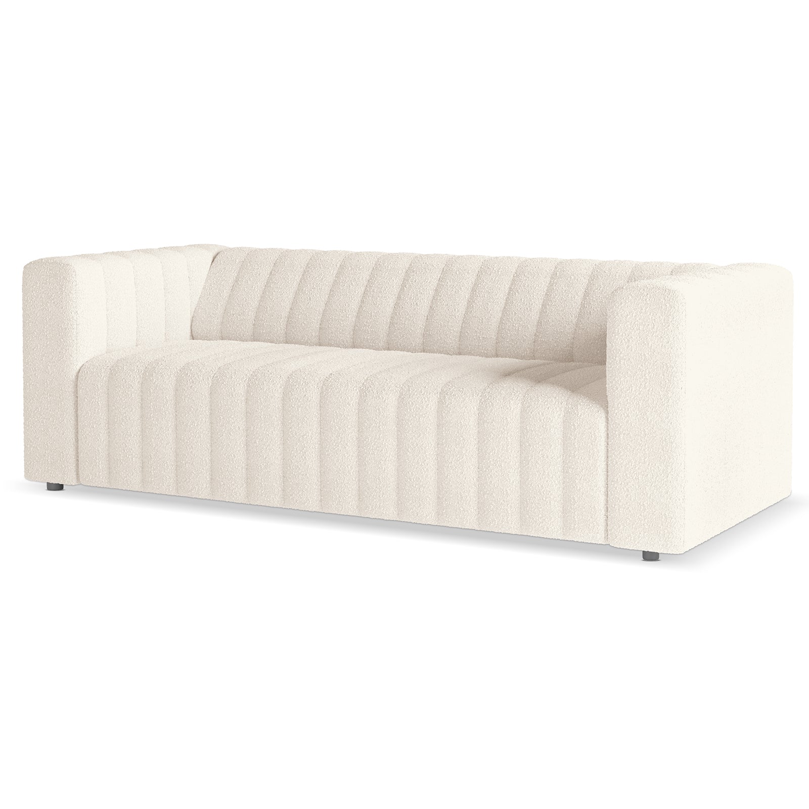Parisa 3 Seater Tufted Boucle Sofa in Cream White, featuring low square arms and vertical channel tufting on a continuous back and seat cushion, resting on discrete black feet.